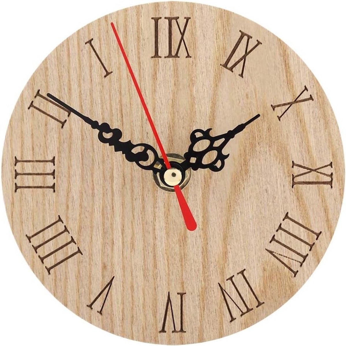 Houten Ronde Muurklok in Romeinse Vorm met Analoge Wijzerplaat voor Huis en Kantoor Decoratie