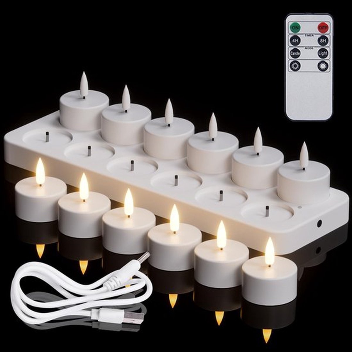 Oplaadbare Theelichtjes Met Afstandsbediening En Timer, 12 Stuks Op Batterijen Werkende 3D-lont Flikkerende Vlamloze Kaarsen Met Oplaadstation Voor Halloween-kerstdecoratie (4 X 4,7 Cm)