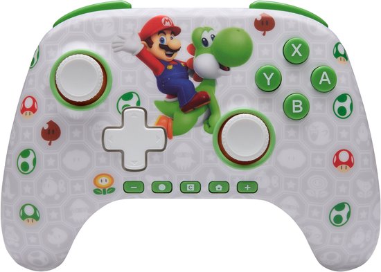 Nintendo Switch controller met Mario en Yoshi, met witte basis en groene accenten. Patronen van paddenstoelen en bloemen.