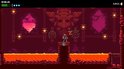 Pixel art-game met een ninja op een platform, omringd door lava en een grote, tribale masker in de achtergrond.