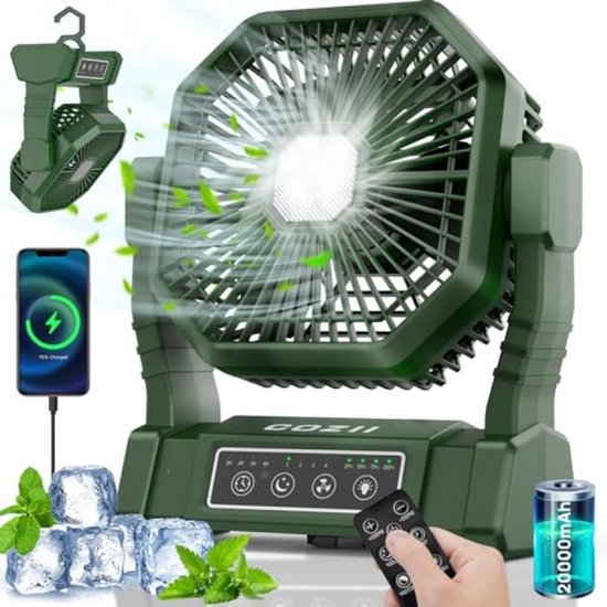 Campingventilator 3-in-1 met 20000 mAh powerbank, LED-lamp, USB oplader, 4 snelheden, timer, afstandsbediening