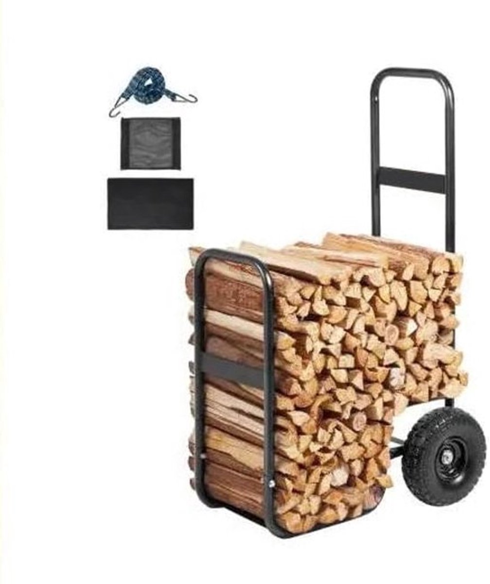 Brandhoutwagen - Kar - Steekwagen - Houtkar op Wielen voor Binnen en Buiten - Houtopslagwagen met Handgreep en Onderlade – Stalen Brandhoutdrager voor Openhaard of Vuurkorf - 100kg - Zwart