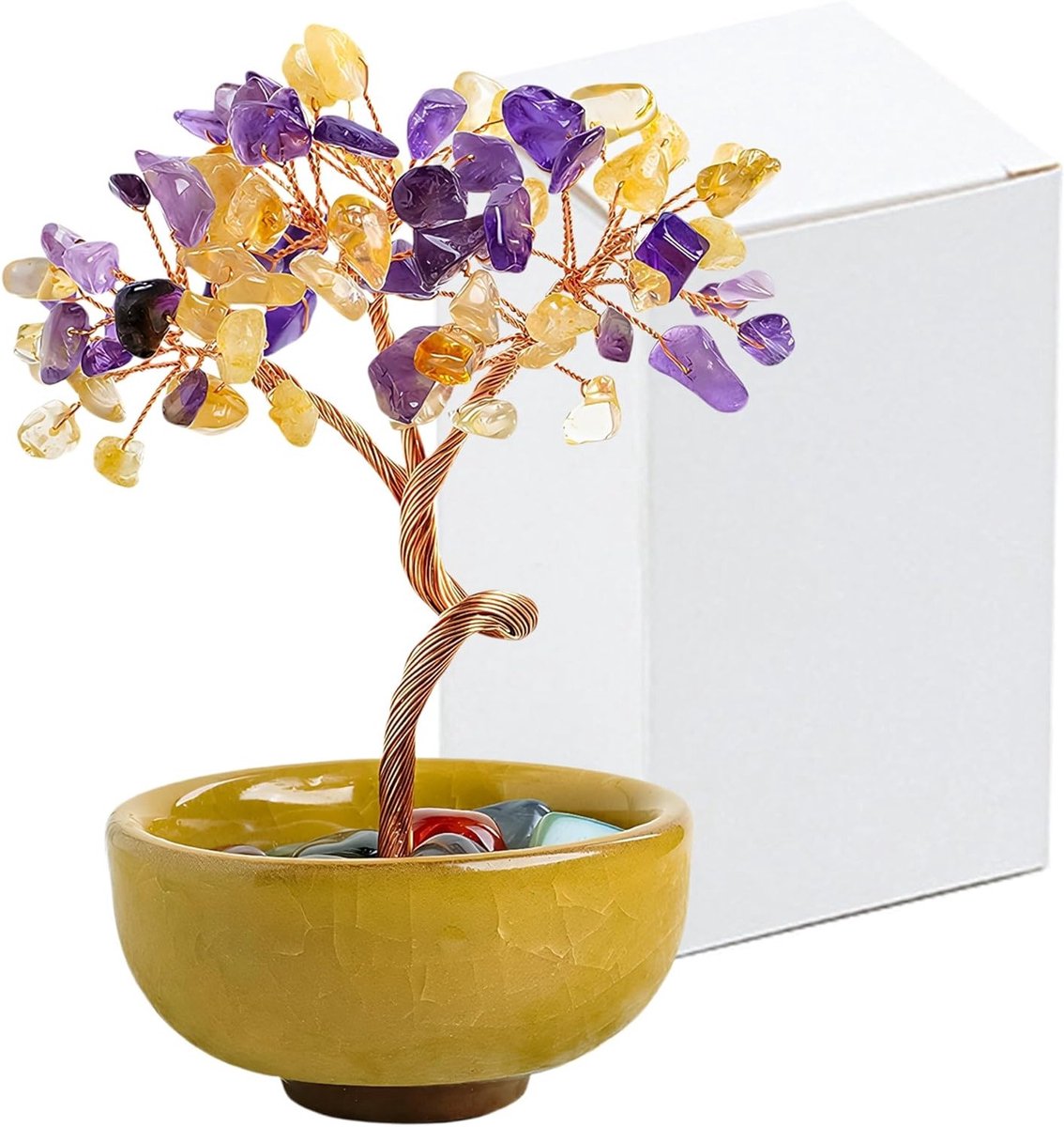 Kleurige Chakra Boom van Glas - Handgemaakte Levensboom Decoratie voor Geluk en Spiritualiteit met Unieke Basis (Geel + Paars)