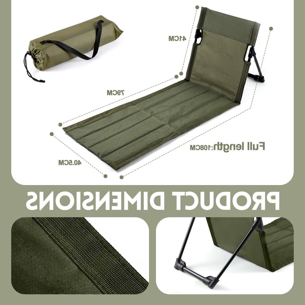 Opvouwbare strandmat met verstelbare rugleuning - Ideaal voor strand, camping en picknick, comfortabel zonnebed voor vakantie (legergroen)