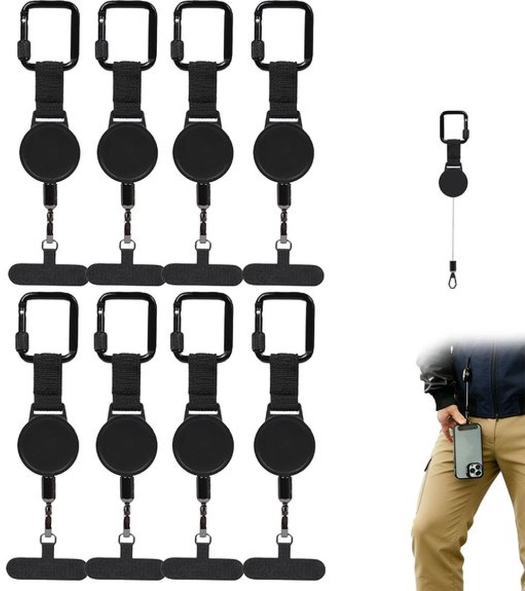 8 Stuks Uitklikbare Anti-Diefstal Telefoonhouder Set - Verlengbare Sleutelhanglanyard met Karabijnhaak - Stevige Telefoonband voor Reizen en Hiken (Zwart) - Complete Telefoonaccessoires voor Veiligheid en Gemak