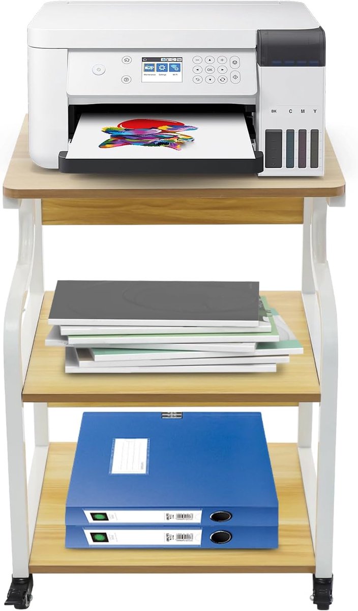 Printerhouder met opbergrek - Mobiel meubelstuk - Thuiskantoor organiseren - Robuuste constructie 80 kg - 50x40x74.5 cm - Licht walnoot wit