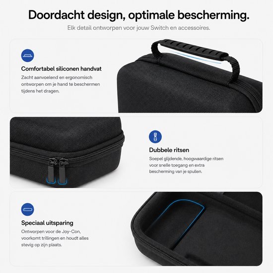 Zwarte hoes met een comfortabel siliconen handvat, dubbele ritsen en een speciale uitsparing voor Joy-Cons.