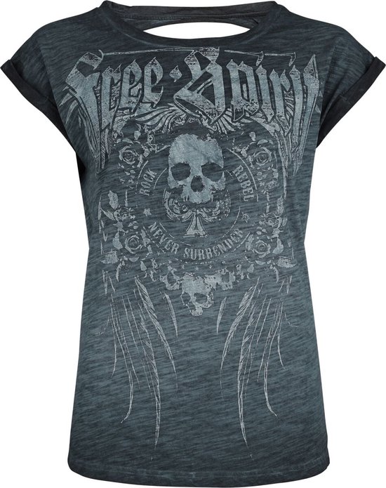 Turquoise T-shirt met 'Free Spirit' print, schedel, vleugels en rozen.