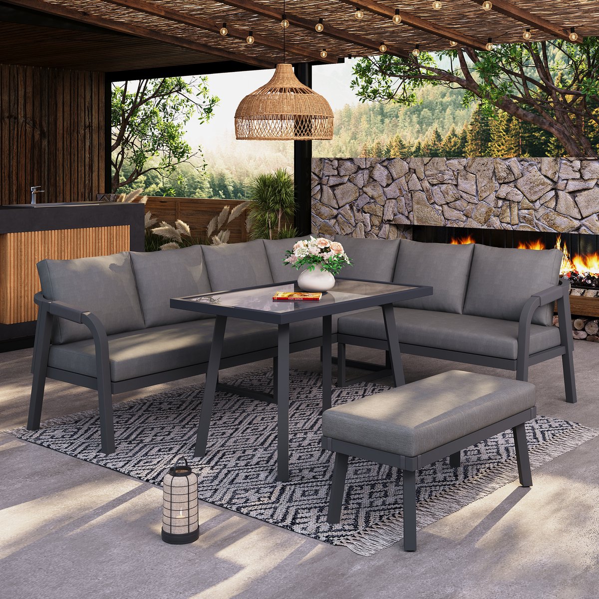 Tuin eettafel en stoelen set - voor 8 personen - gevlochten arm- en rugleuningen - inclusief hoekbank - eettafel - bank - grijs