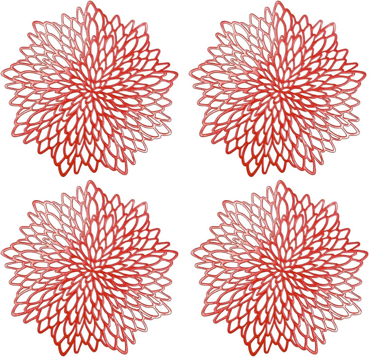 Ronde Placemats Rood met Bloemendessin - PVC Warmte-isolerend, Vlekbestendig - Set van 4