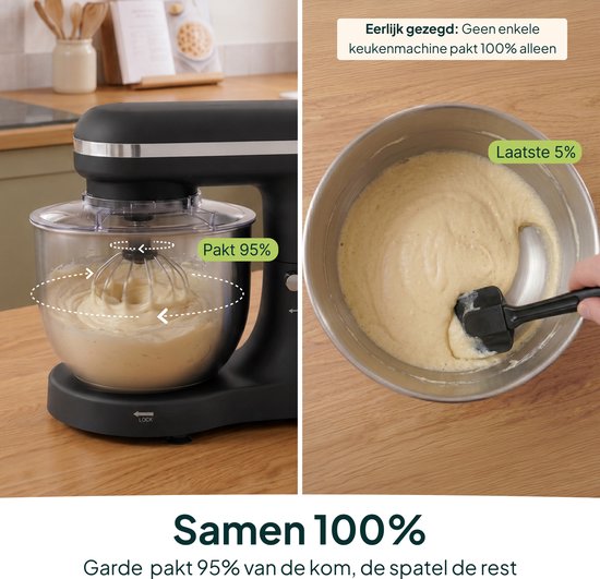 Grijze keukenmixer met garde in transparante kom, die 95% van het beslag mixt.
