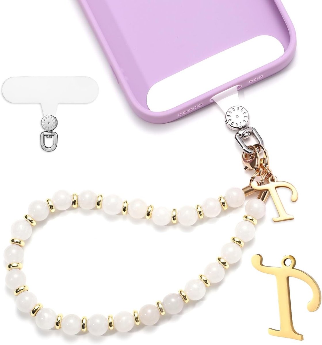 Set van 1 Telefoon Polsband met Kralen en Initialen, Handsfree Mobiele Telefoon Lanyard en Bracelet voor Vrouwen en Meisjes, Natuurlijke Steen, Metaal en TPU, Perfect Cadeau voor Smartphonegebruikers