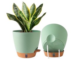 Set van 3 Zelfwaterende Bloempotten 20 x 17 cm – Voor Binnen en Buiten – Met Waterniveauvenster – Lichtgewicht, UV-, Vorst- en Breukbestendig – Groen