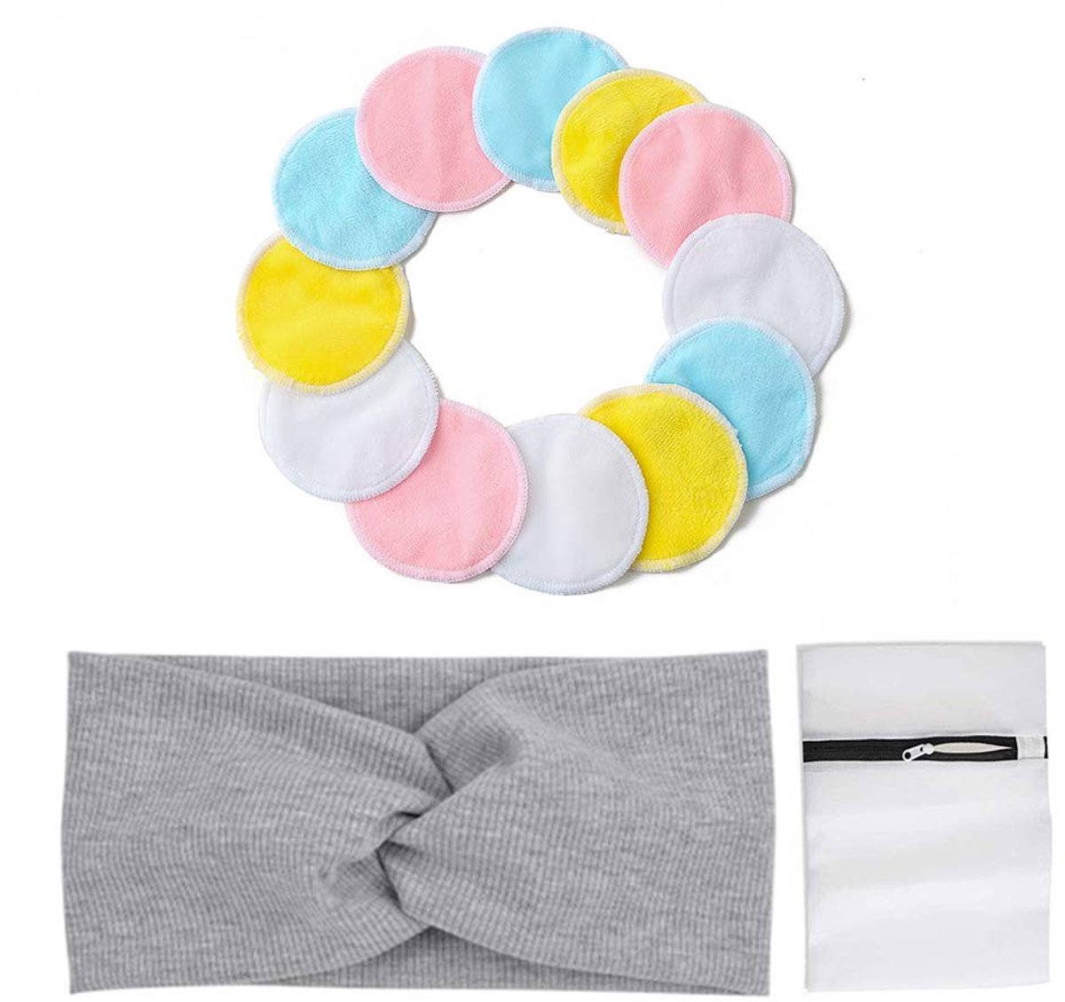 Dailygoods- Make-up Remover Pads 12 Stuks - Herbruikbaar Wattenschijfje - Bamboevezel/Kristalfluweel - Inclusief Haarband - Geschikt voor Gezicht/Oog/Lip Reiniging - Diameter 8,5 cm - Wattenschijfjes