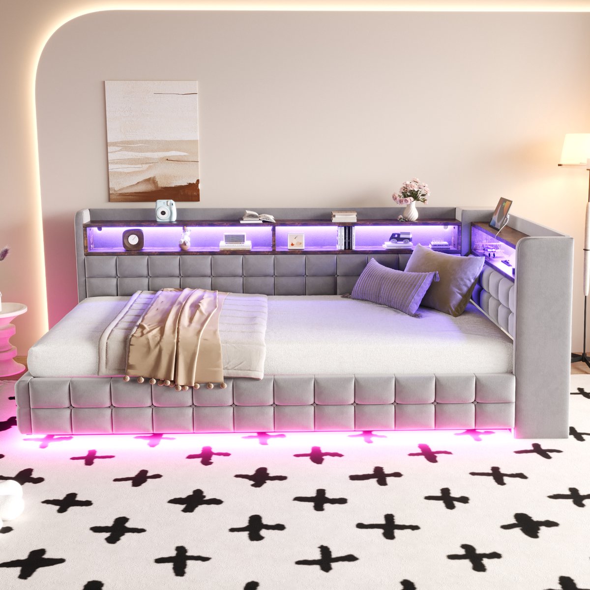 HAUSS SPOLE Gestoffeerd Slaapsofabed 90x200 cm - Met Led, Stopcontact, USB C en Opbergruimte - Zonder Matras - Velours - Lichtgrijs