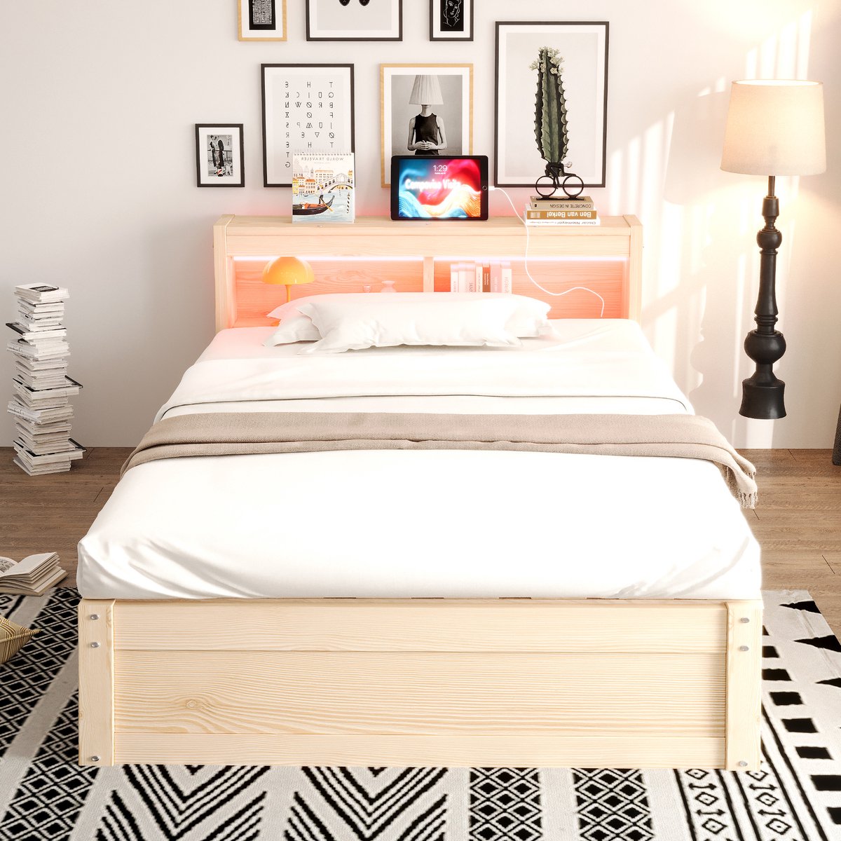 HAUSS SPOLE Slaapbank 90x200 cm - Met Stopcontact, Ledverlichting en Opbergruimte - Zonder Matras - Hout en MDF - Houtkleur