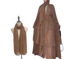 Chiffon Open Abaya Dubai Turkey Kaftan Muslim Vest Abayas Dresses For Women Casual Robe Kimono Islam Clothes Brown With Hijab S