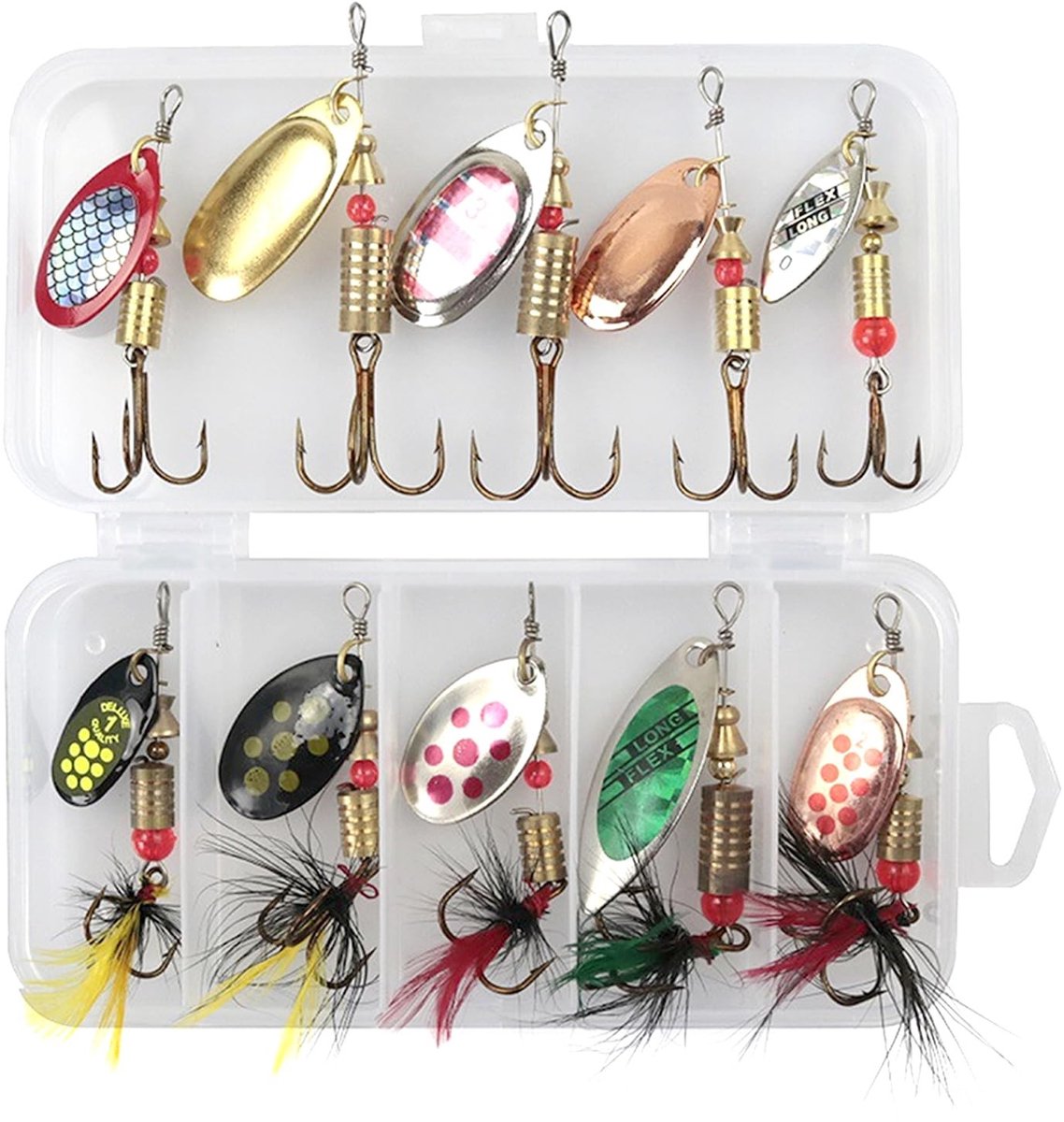 Dailygoods- Visaas 10 Stuks - Kunstaas Set - Lepel/Spinnerbait - Harde Glitter - Opbergdoos - Duurzaam en Scherp