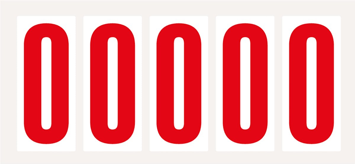 Cijfer stickers 0-9 - zelfklevende folie - 20 kaarten - rood wit teksthoogte 75 mm Cijfer 0