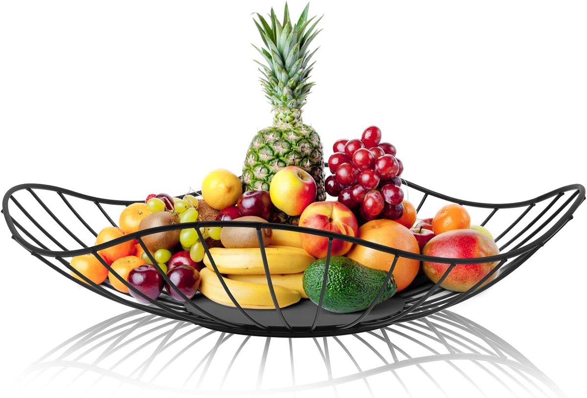 OLOEY Metalen fruitmand-zwart-met een bladvormig ontwerp-geschikt voor het bewaren van fruit en brood-of als decoratie-lichtgewicht en elegant-geschikt voor keukens-eetkamers en woonkamers (1 stuk)