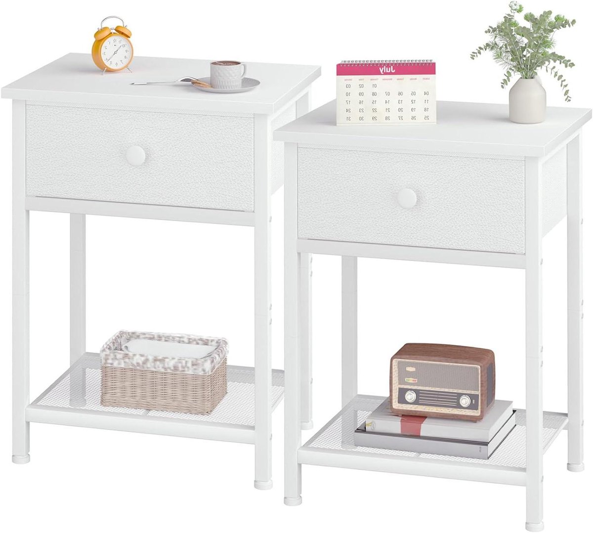 Nachtkastje Set - Tafeltje Slaapkamer - Opbergen Woonkamer - Met Stoffen Lade - Set van 2 - Wit