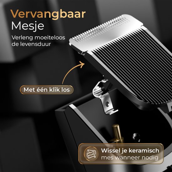 Close-up van het vervangbare keramische mesje van de zwarte Wellshave trimmer, dat met één klik loskomt.