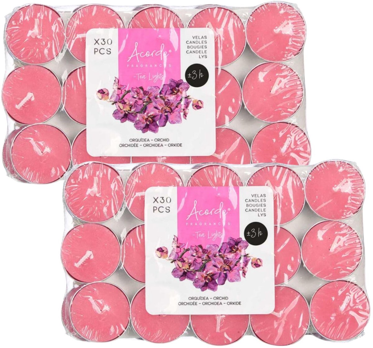Acorde theelichtjes - orchidee geur - 60x - roze - waxinelichtjes/geurkaarsen - 3 branduren