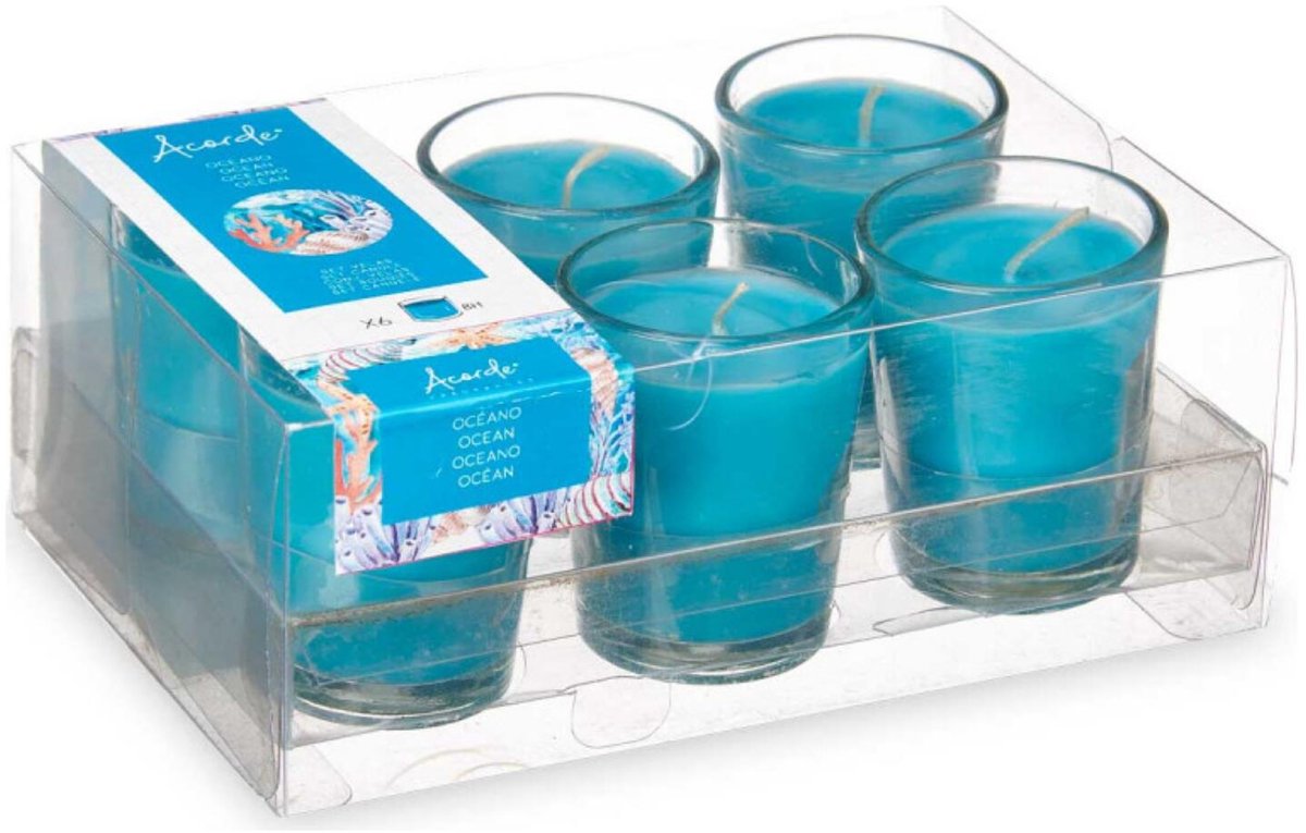 Arte regal geurkaarsen - 6x - zeebries/ocean geur - blauw - 8 branduren - in glas - aroma kaars