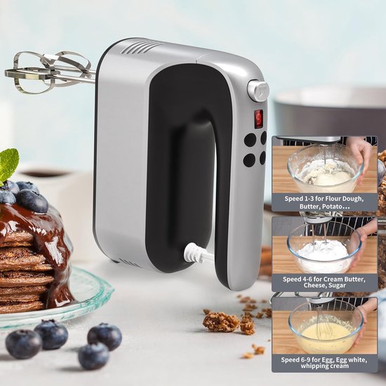 Digitale Handmixer - Keukenmixer Accessoires - Bakken en Mixen - 9 Snelheden Digitale Scherm - 400 Watt - Zilver Zwart — afbeelding 2