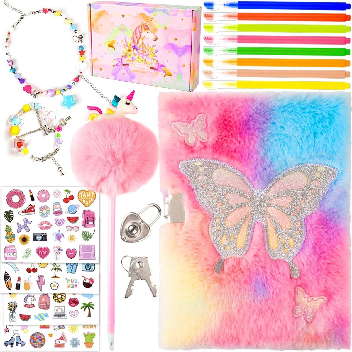 Kinderdagboek met slot - Schrijfboekje Meisjes - Creatief Schrijven - Pluche Vlinder Design - A5 formaat - Roze