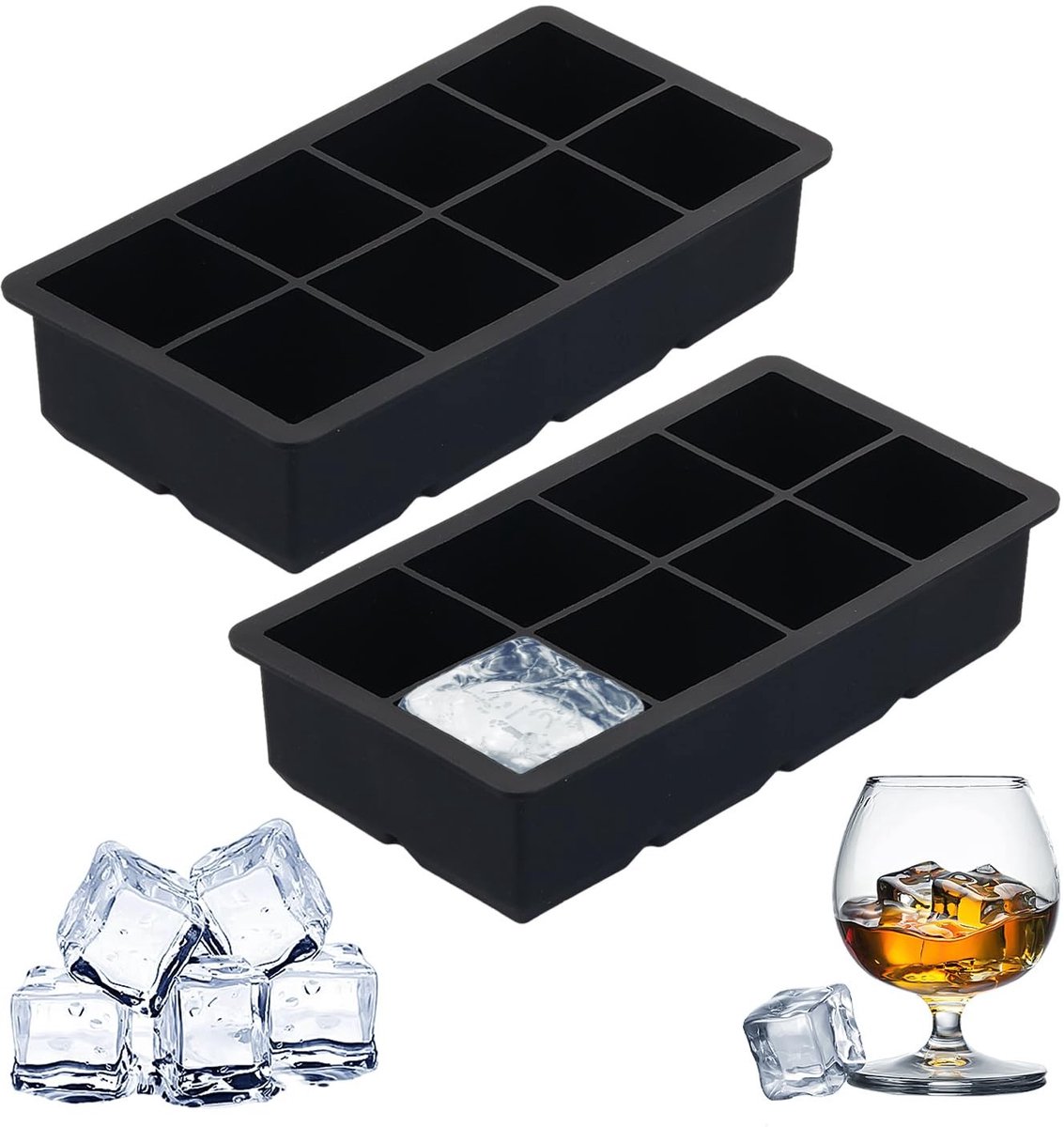 Dailygoods- IJsblokjesvorm met afneembaar deksel - Siliconen - 2 stuks - 8 vakken - Zwart - Geschikt voor drankjes en smoothies - Ijsvorm