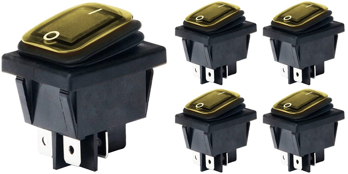 Orbit Electronic Wipschakelaar ON-OFF - 4-pins - 30x22mm - 16A 250V - Spat Waterdicht - KCD4-201-16 - Geel - 5 stuks