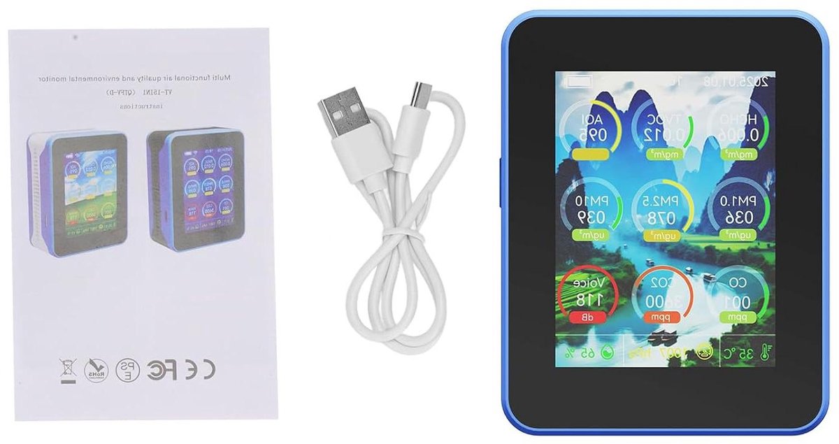 Luchtkwaliteitsmonitor - Luchtkwaliteitsdetector Binnenlucht - Binnenlucht Monitoren - WiFi Gegevensverbinding - 2.8 inch TFT - Blauw Zwart