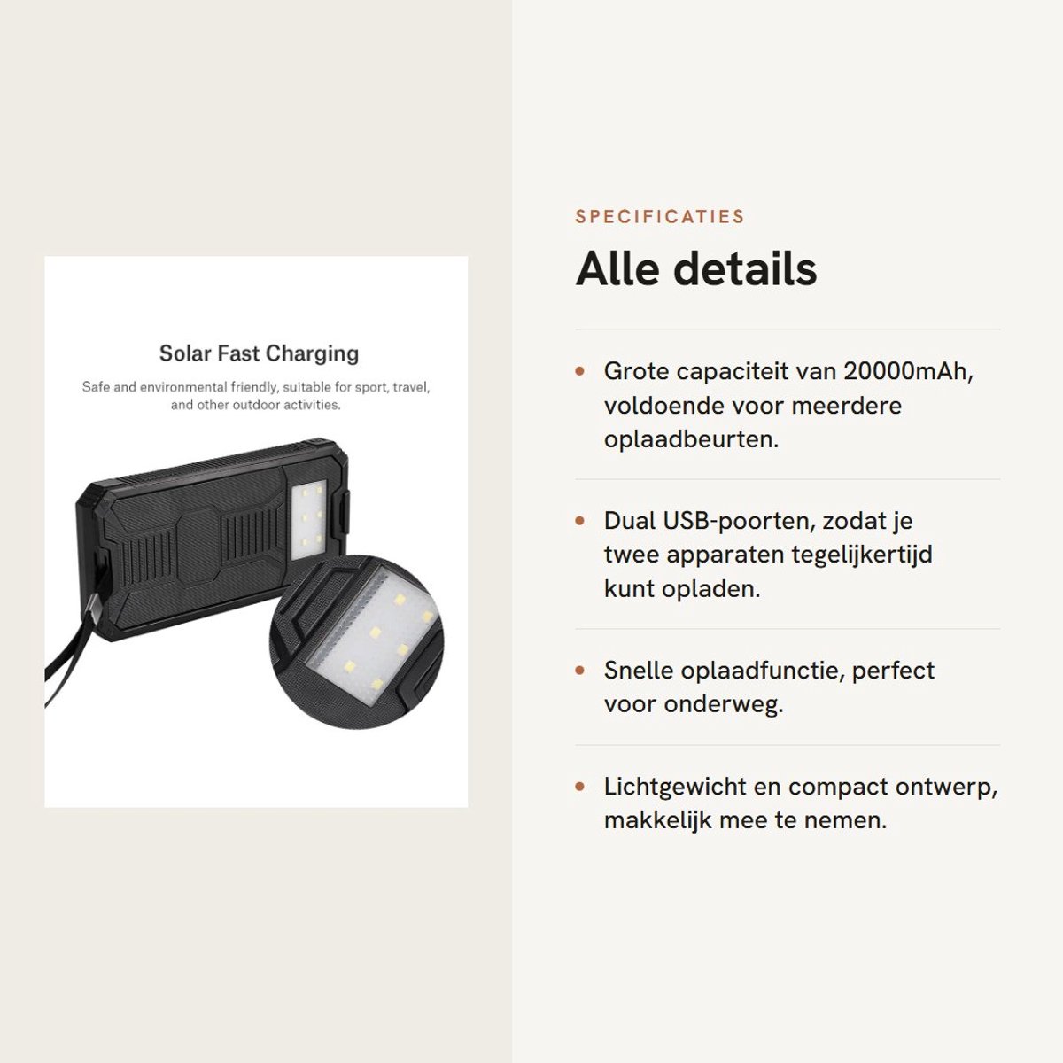 Dailygoods- Powerbank 20000 mAh Grote Capaciteit - Solar Powerbank - Dubbele USB-poorten - Draagbare Oplader - Snelle Zonne-oplading - Geschikt voor Sport en Reizen - Zonne-energie Powerbank – foto 3