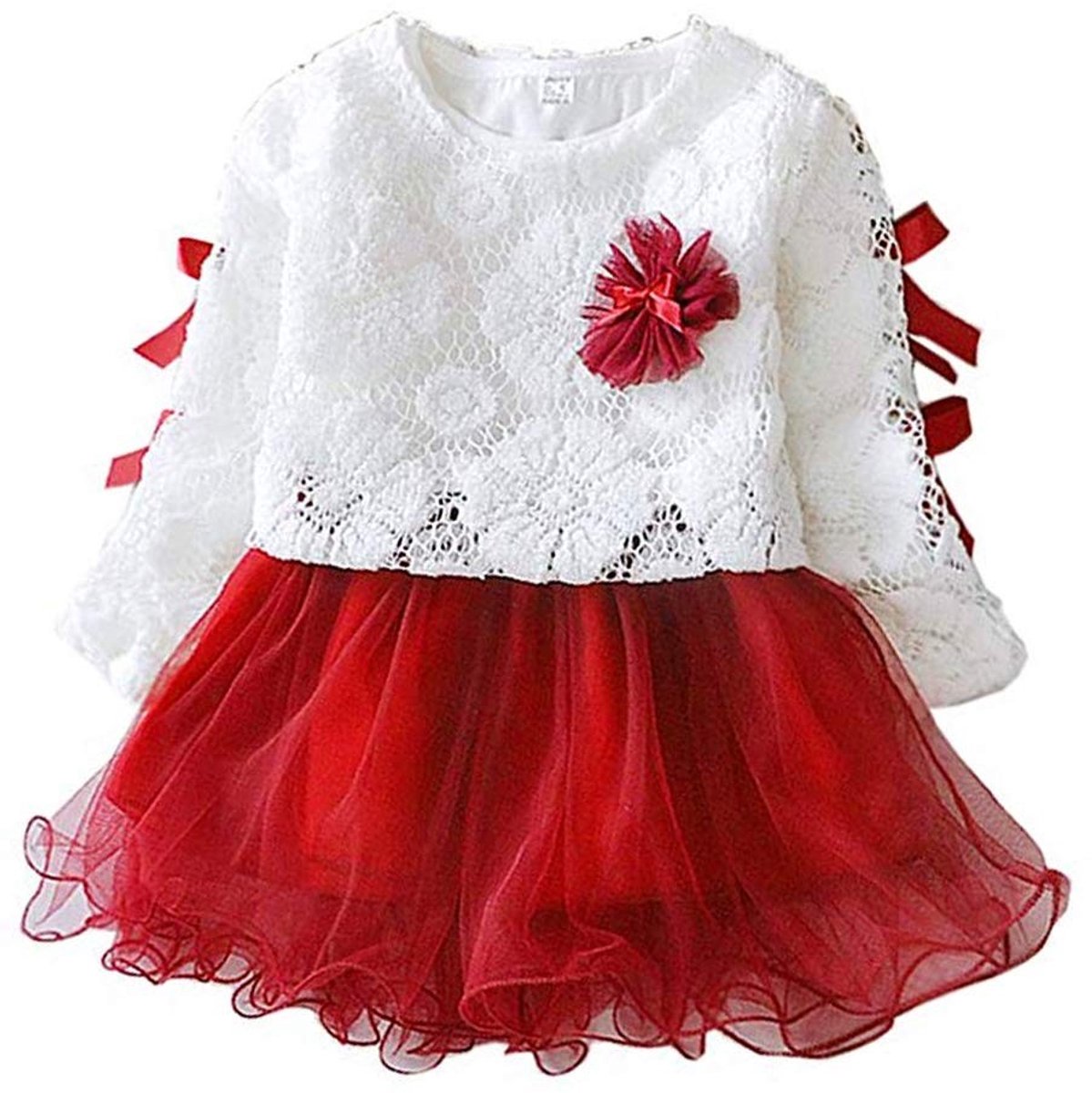 Dailygoods- Prinsessenjurk - Katoen/Polyester - Lange Mouw - Strik - Bloemenkant Borduur - Ademend en Zacht - Geschikt voor Feestelijke Gelegenheden - Meisjesjurk