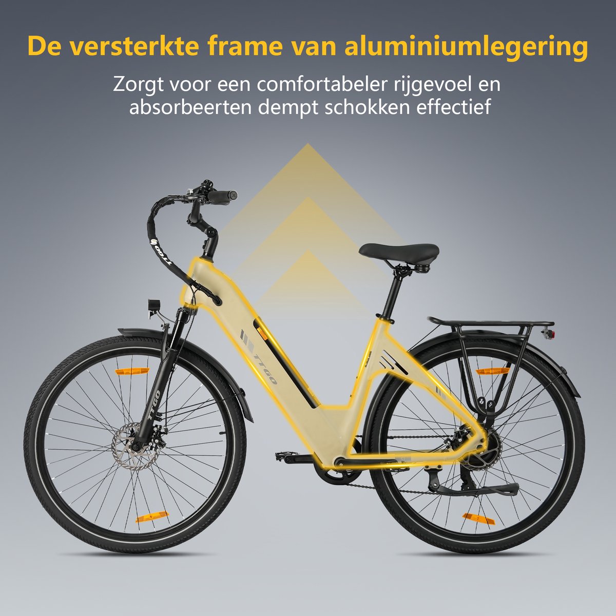 Elektrische Fiets TTGO C3 - 36V 18AH Accu - Actieradius Tot 120 Km - Aluminium Lage Instapframe - 28×2.0 Inch Wielen - Shimano 7 Versnellingen - Mechanische Schijfremmen - LCD Display - Elektrische Stadsfiets - Geel thumbnail 6