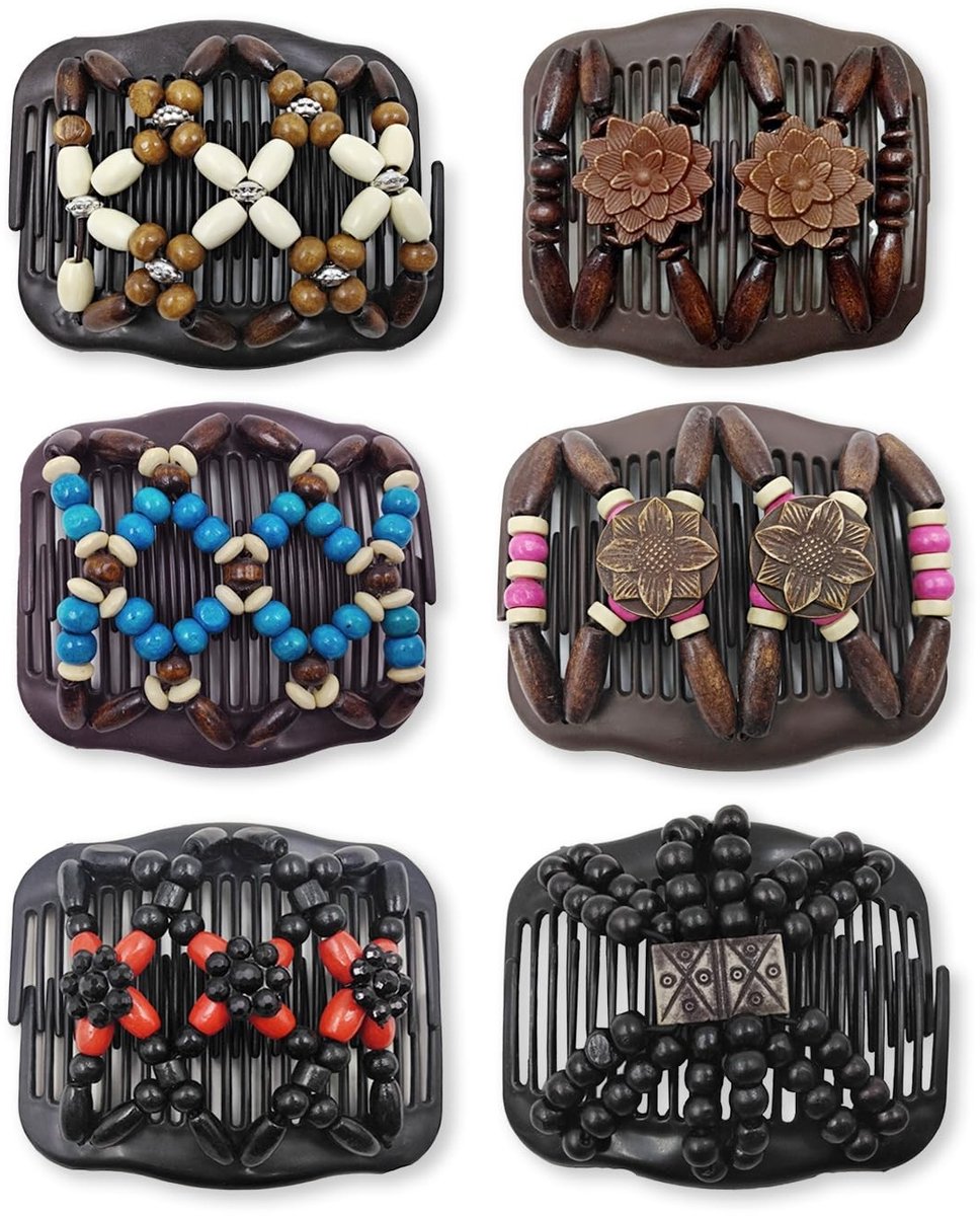 Dailygoods- Haarkam Dubbele Rij - Houten Kralen - Set van 6 Stuks - Duurzaam - Glad Oppervlak - Herbruikbaar - Haaraccessoire