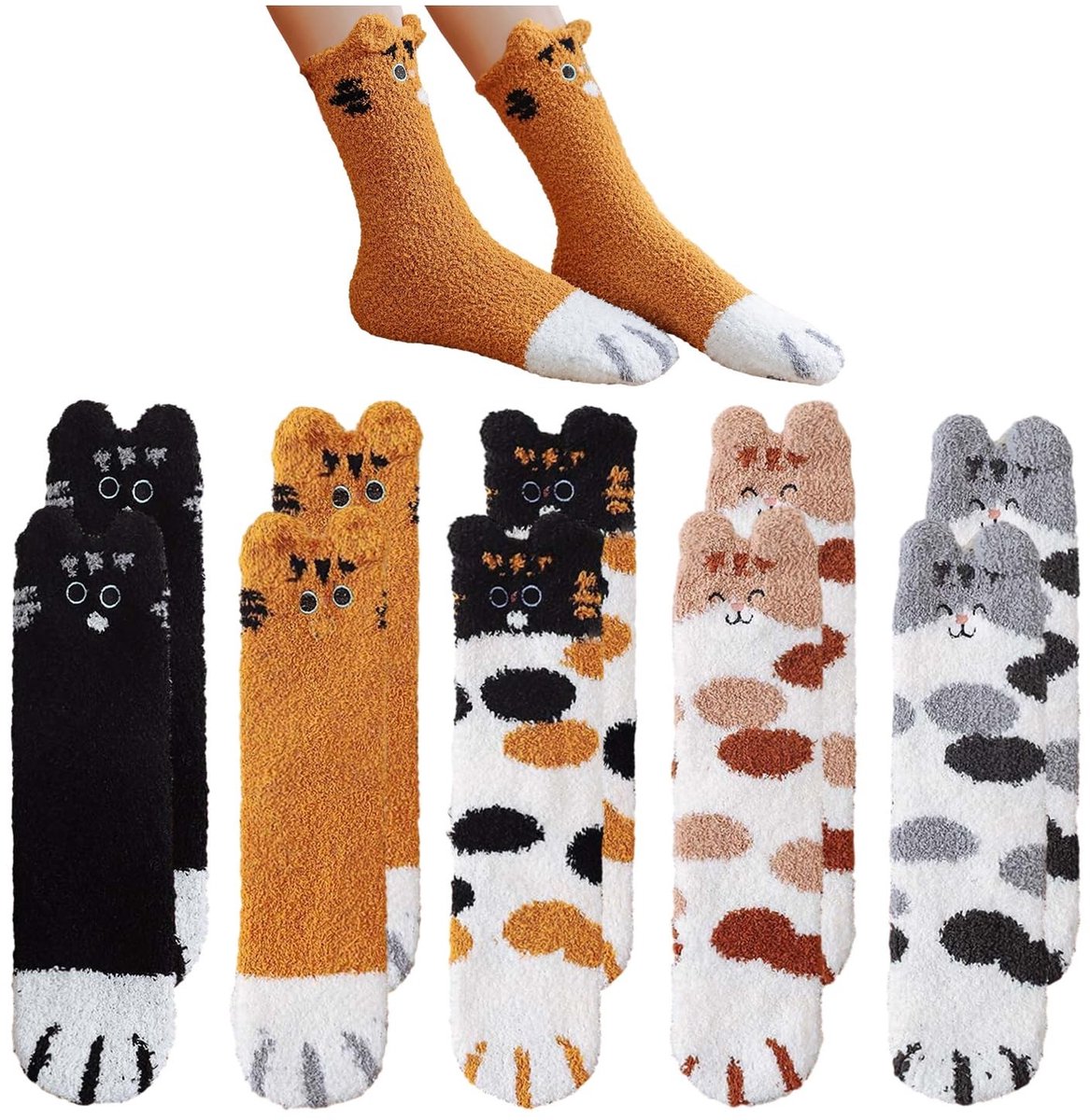 Dailygoods- Pluche Sokken 5 Paar - Kattenpatroon - Warm voor de Winter - Zacht en Comfortabel - Polyestervezel - Antislip