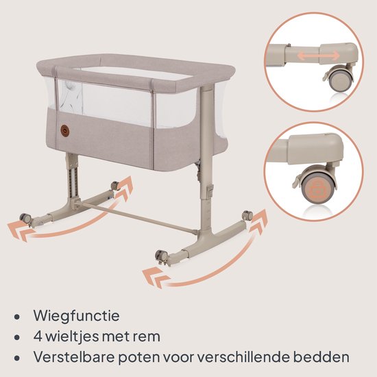 Illustratie van co-sleeper met functies: wiegfunctie, 4 wielen met rem, verstelbare poten.