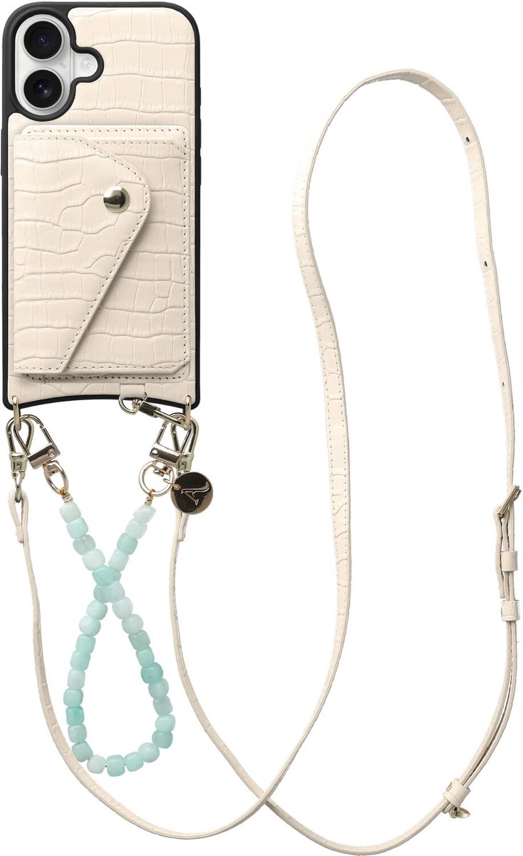 AVY Leren Hoesje geschikt voor Apple iPhone 16 | Met Koord en Kaarthouder | Compatibel met MagSafe | Leather Case met Polsand & Crossbody Koord & Wallet | Cubiq Leather Set | Croco Beige