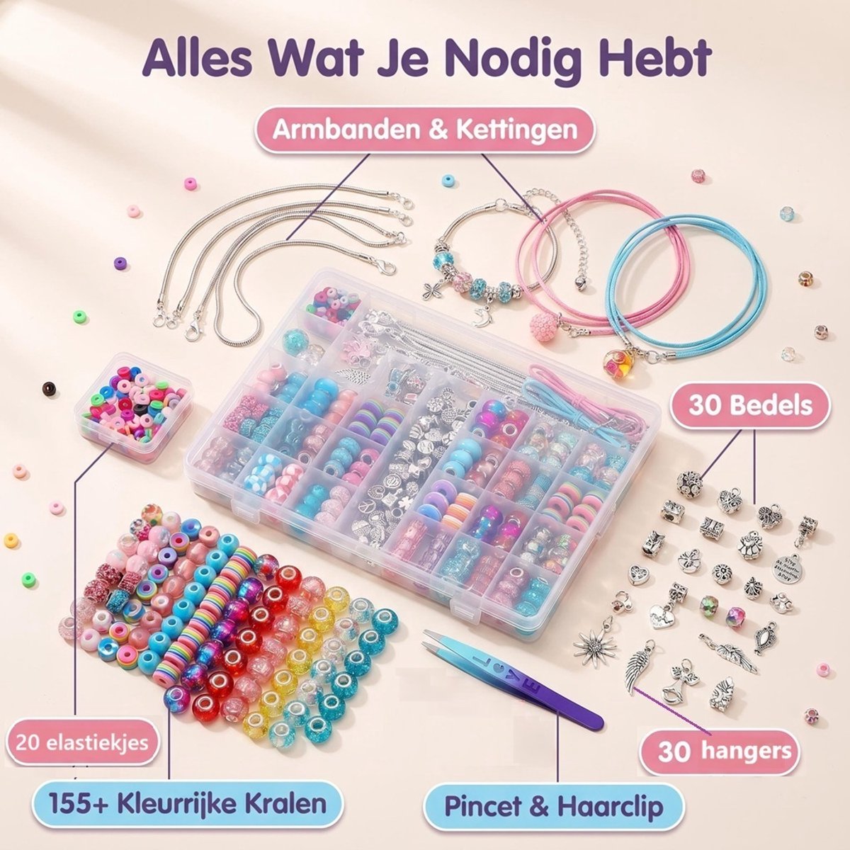 Sieradenset Meisje met sieradendoosje(230+PCS） -DIY sieradendoos -Kettingen armbanden zelf maken - sieraden DIY knutselset voor kinderen - bedelarmbandkit doe-het-zelf kindersieraden, knutselen, kinderspeelgoed(5-10 jaar)-Roze — cadeau in Spellen & Speelgoed - foto 2