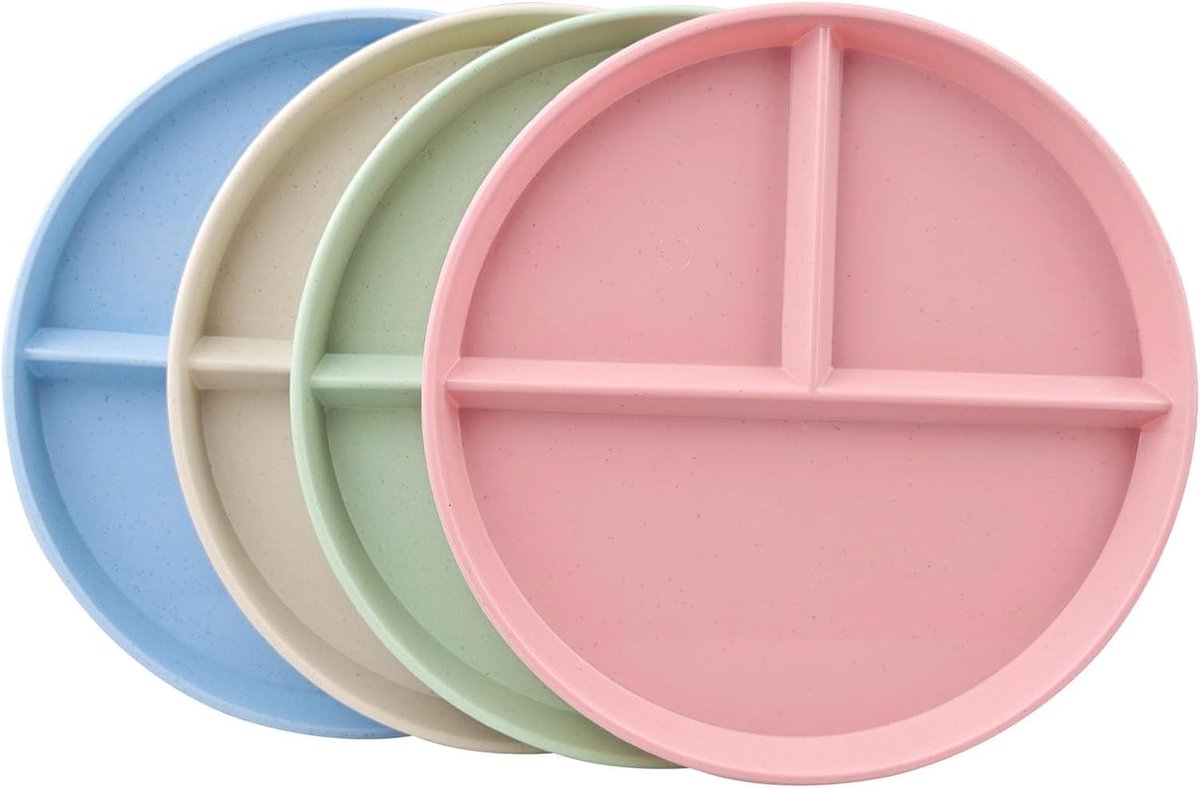 16-delige set - Portiecontroleborden - 23 cm (9 inch) plastic borden met vakjes - 3 compartimenten - Inclusief mes, vork en lepel - Geschikt voor de meeste mensen - Vaatwasmachinebestendig - Verkrijgbaar in beige, roze, groen en blauw