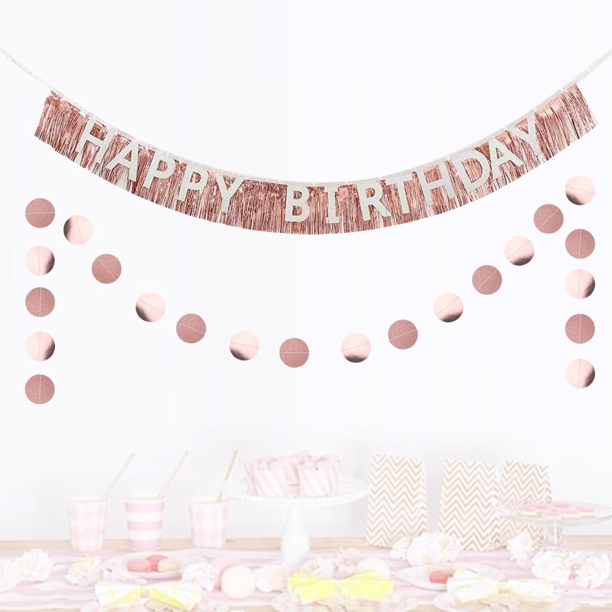 Dailygoods- Banner Roségoud - Happy Birthday Decoratie - Feest Decoratie - Verjaardagsset - Gordijn Franje Banner - Glanzend Papier - Feestdecoratie