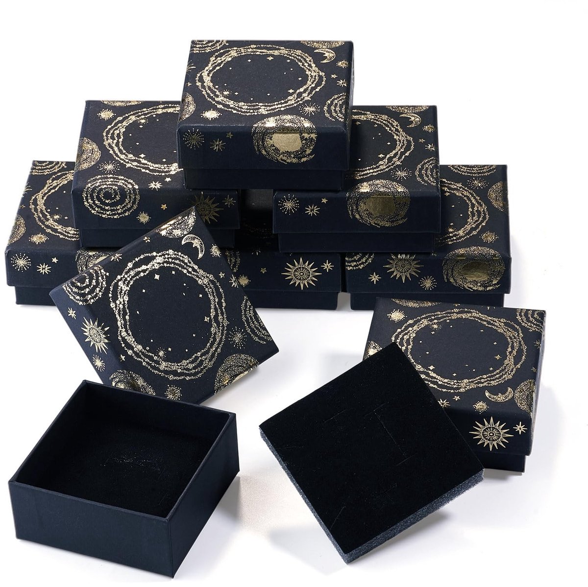Dailygoods- Sieradenbox 10 Stuks - Kartonnen Geschenkdozen - Zwart met Zon/Maan/Ster - 9,1x9,1x2,95 cm - Lichtgewicht - Voor Sieraden Opslag - Cadeauverpakking
