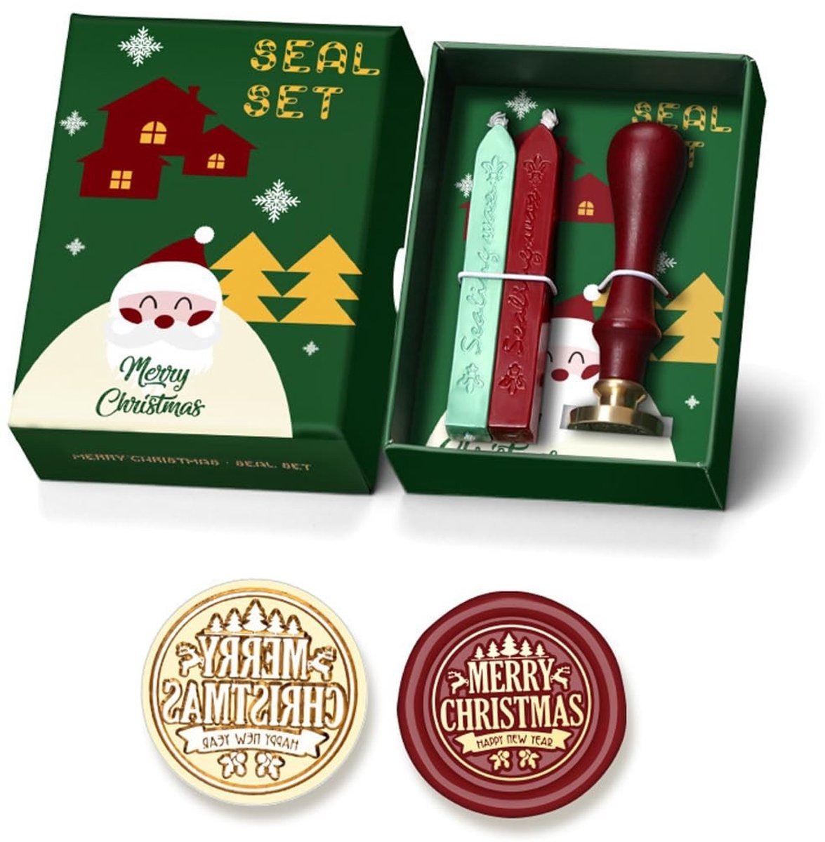 Dailygoods- Zegelstempel Kerstmis 25 mm - Houten Handvat - Waszegel - Inclusief 2 Wasstaafjes - Voor Uitnodigingen - Eenvoudig in Gebruik