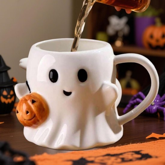 Leuke Halloween Mok - Keramisch Drinkglas - Feestelijke Drankjes - Pompoen Geesten Patroon - 600 ml Inhoud - Multi — afbeelding 3