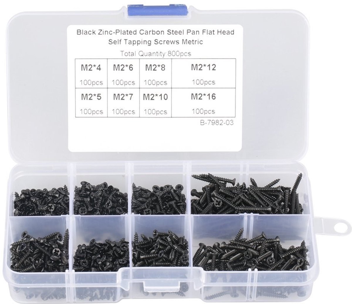 Dailygoods- Zelftappende Schroeven 800 Stuks - Koolstofstaal - Platte Kop - Opbergdoos - Zwart - Hoge Hardheid