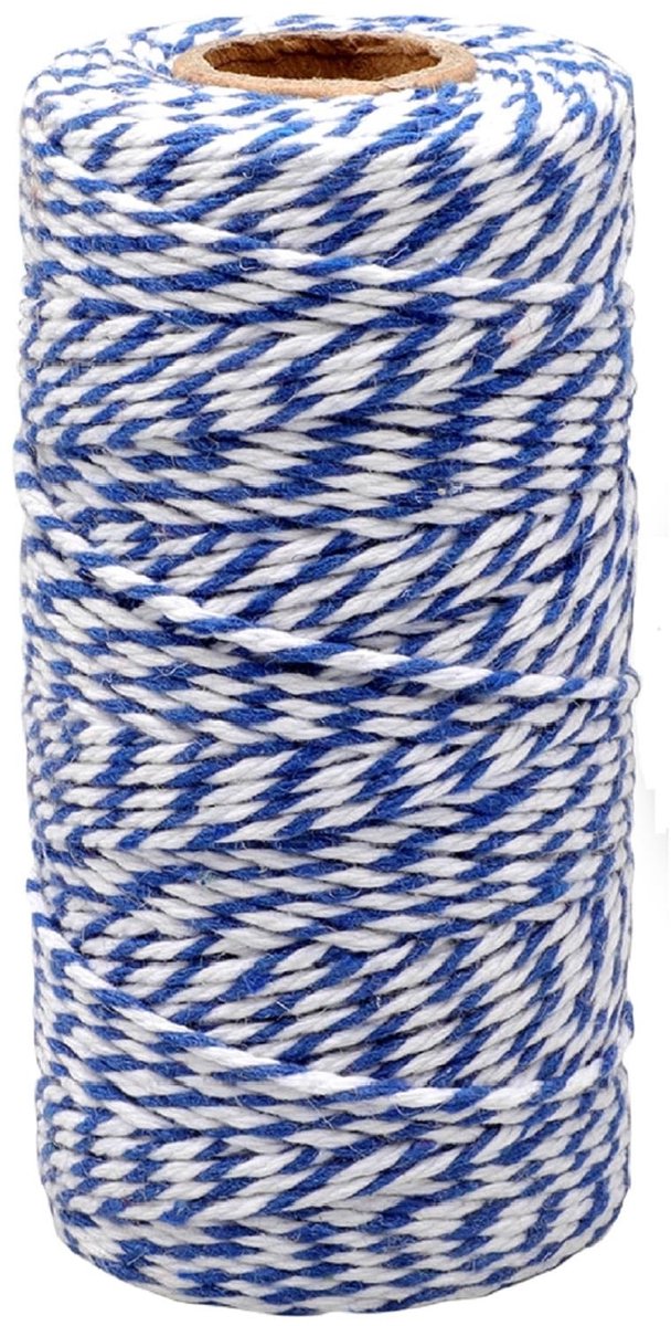 Dailygoods- Slagersdraad 2 mm - Katoenen Koord 100 m - Blauw/Wit - Geschenktouw - Knutselen - Tuinieren - Perfect voor Decoraties - Touw