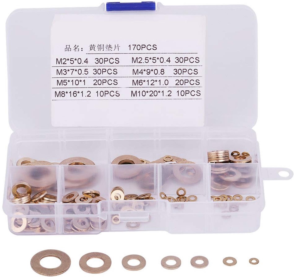 Dailygoods- Rondellen Assortiment 180 Stuks - Platte Sluitringen - Messing - 8 Maten - Slijtvast - Corrosiebestendig