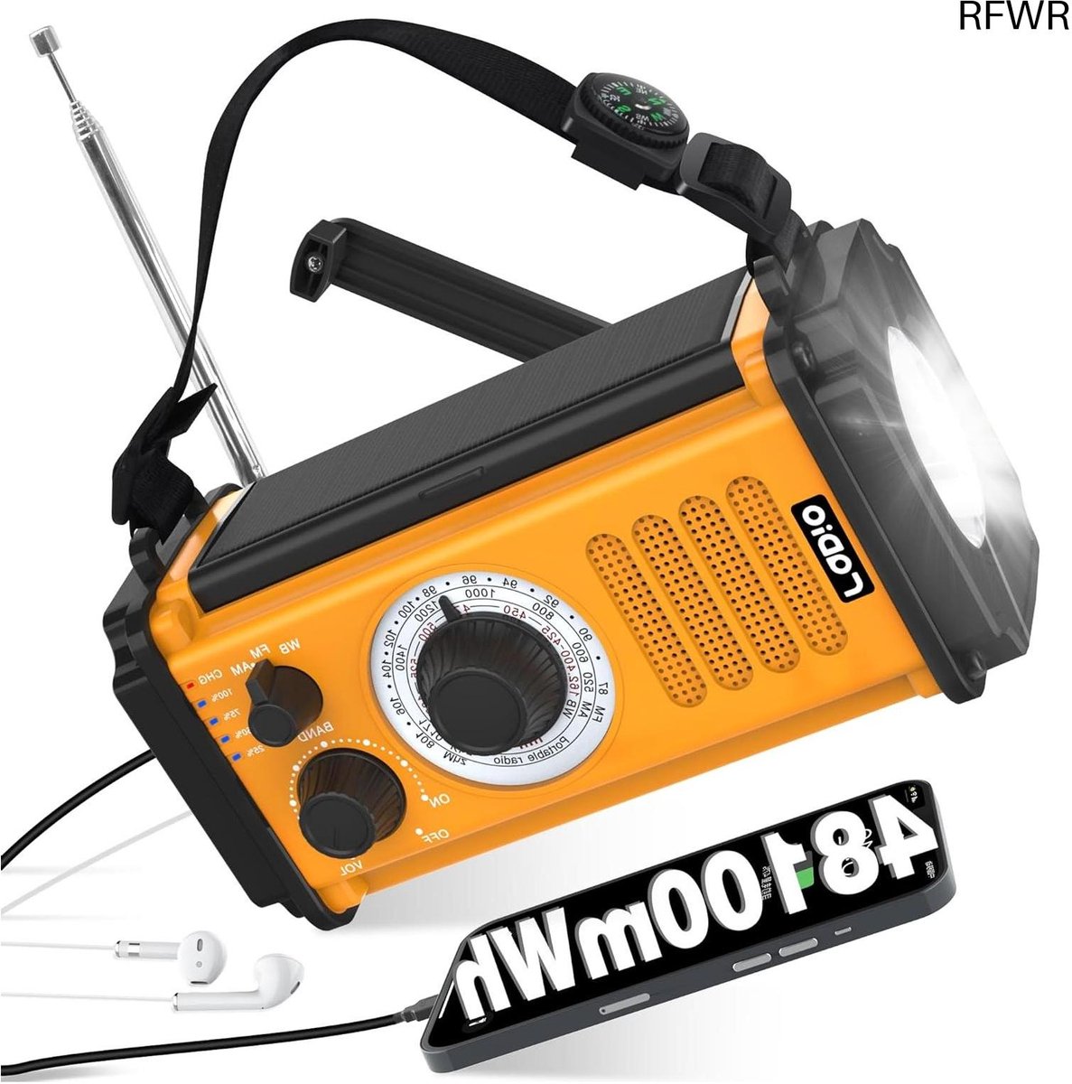 48100mWh/13000mAh Noodradio, Draagbare AM/FM Radio,5-Weg Aangedreven Zonne-Slinger Opwindradio,USB-Telefoonoplader,Zaklamp/Leeslamp, Koptelefoonaansluiting,SOS,Kompas voor Overleving op Orkaankamperen